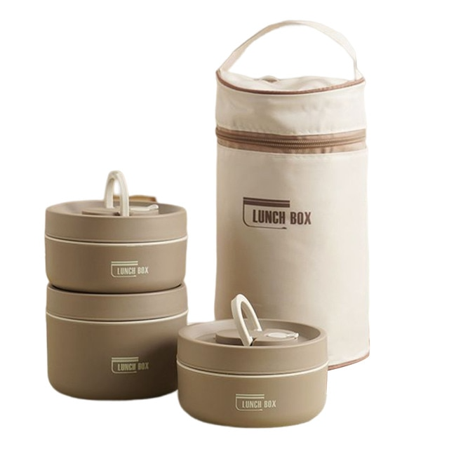 Multi Layer Insulated Lunch Box With Free Carry Bag Brown 2x Small + Large NALANI