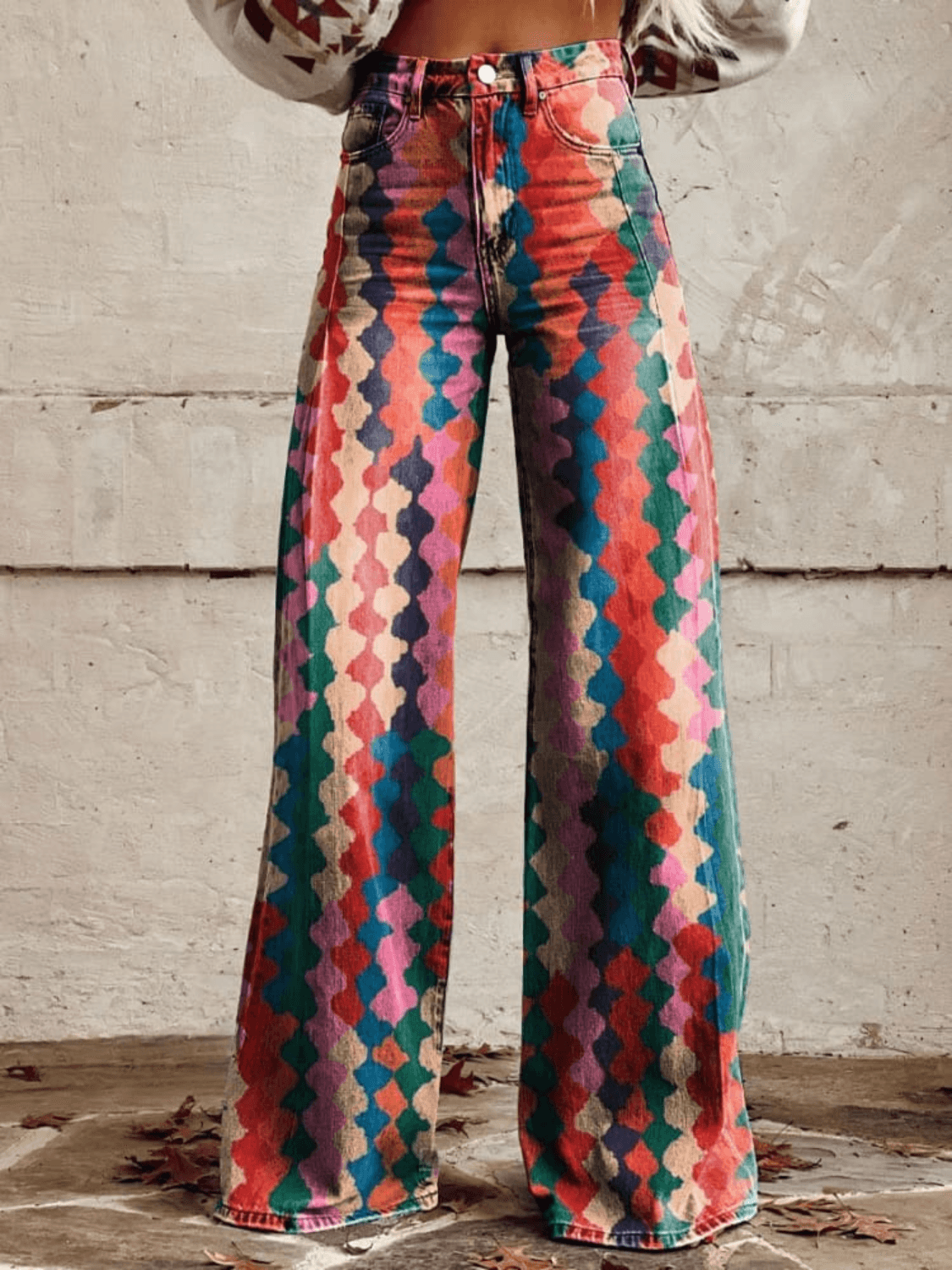 Ovara | Women's Retro Chic Wide-Leg Pants - Geometric Pattern - Vibrant Colors - Casual Elegance