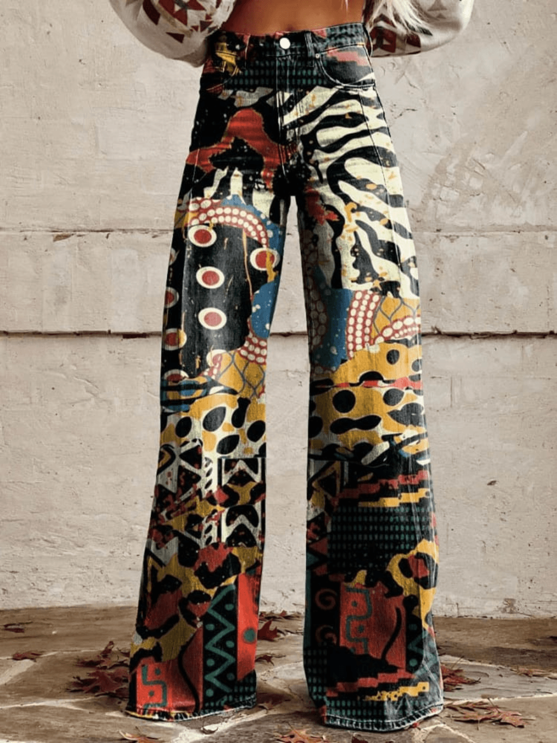 Ovara | Women's Wide-Leg Trousers – High-Waisted – Statement Abstract Print – Denim Vintage Look