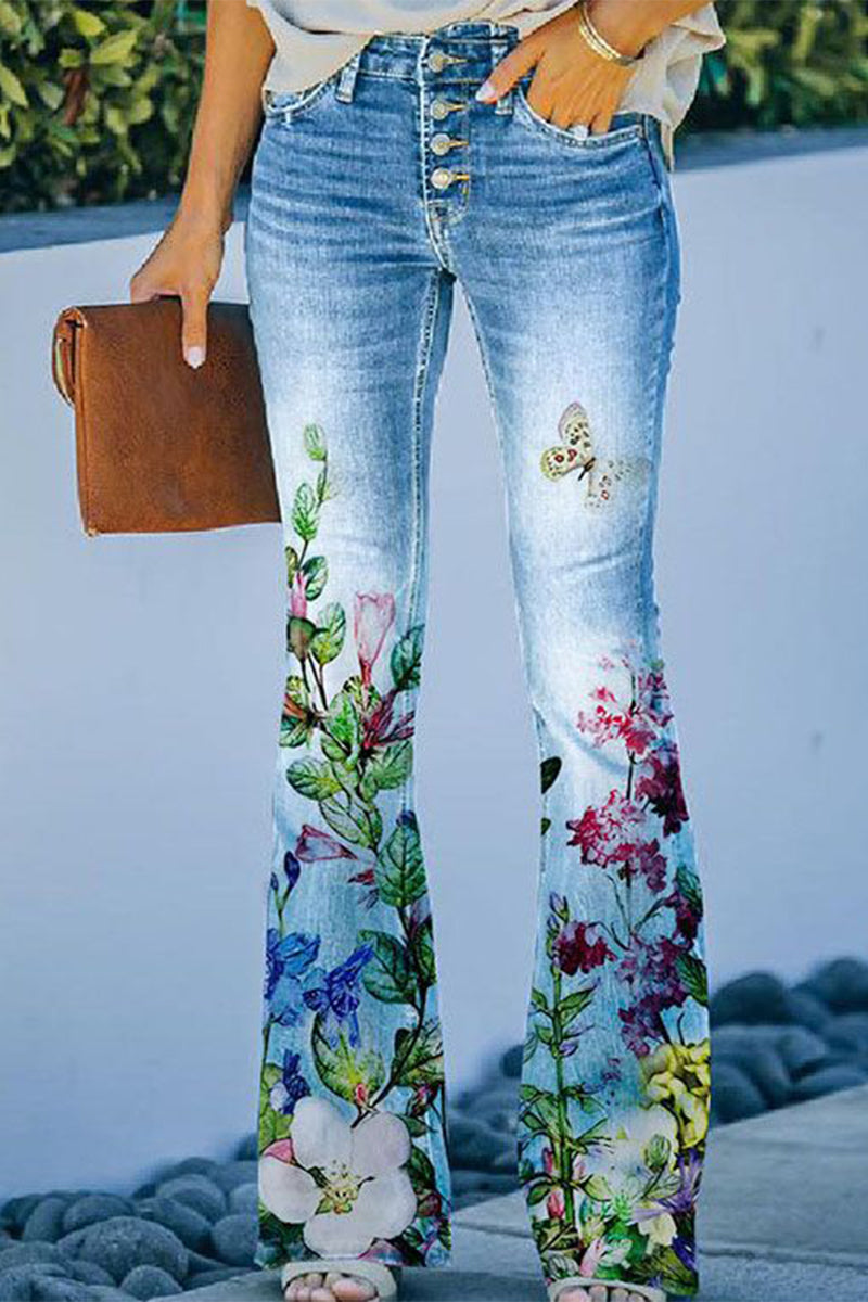 Women's casual floral pocket regular denim jeans