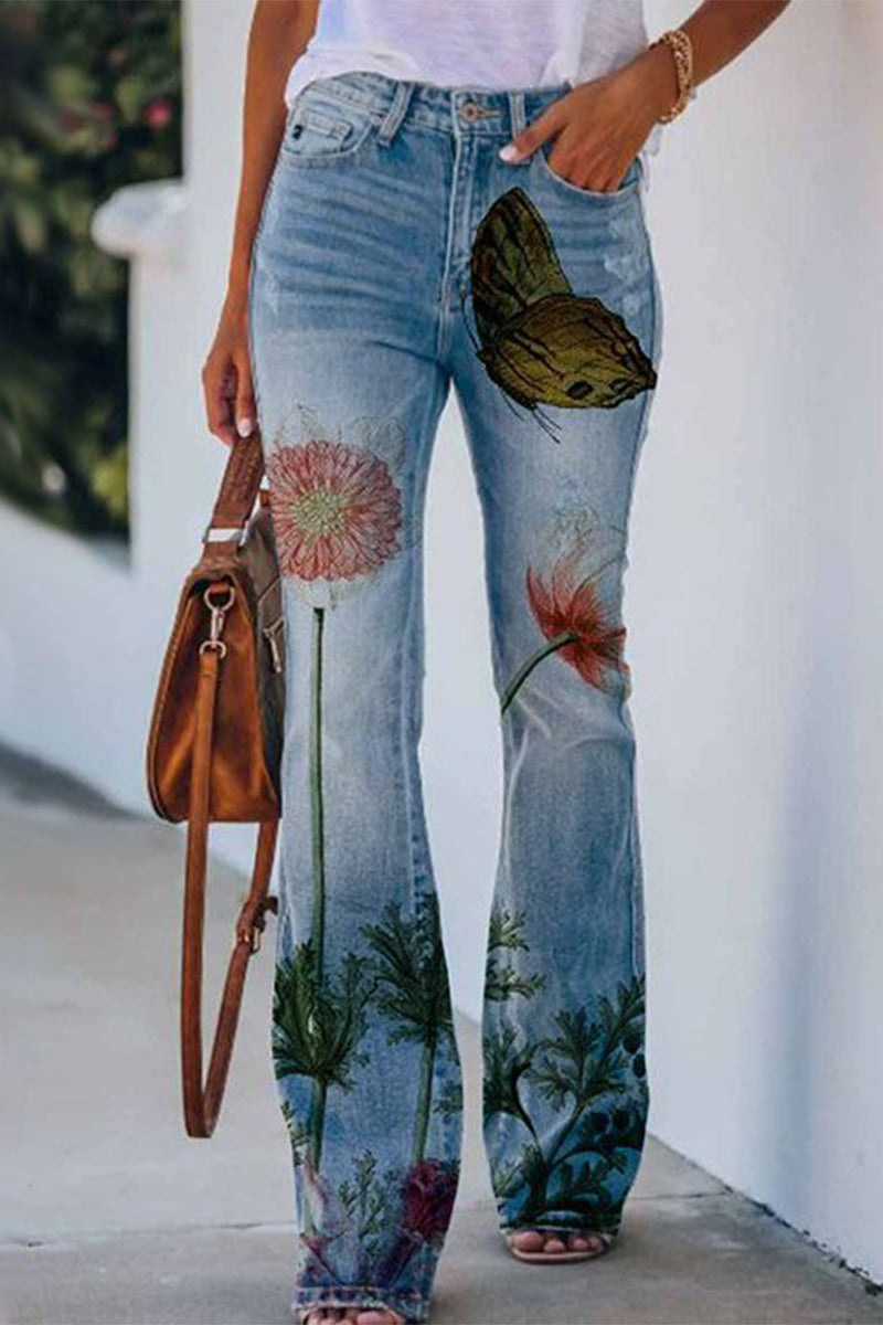 Women's casual floral pocket regular denim jeans