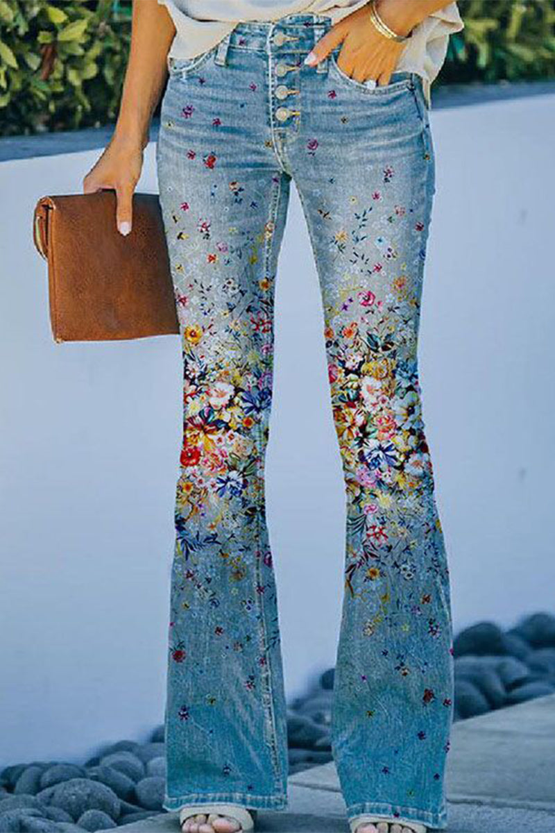 Women's casual floral pocket regular denim jeans