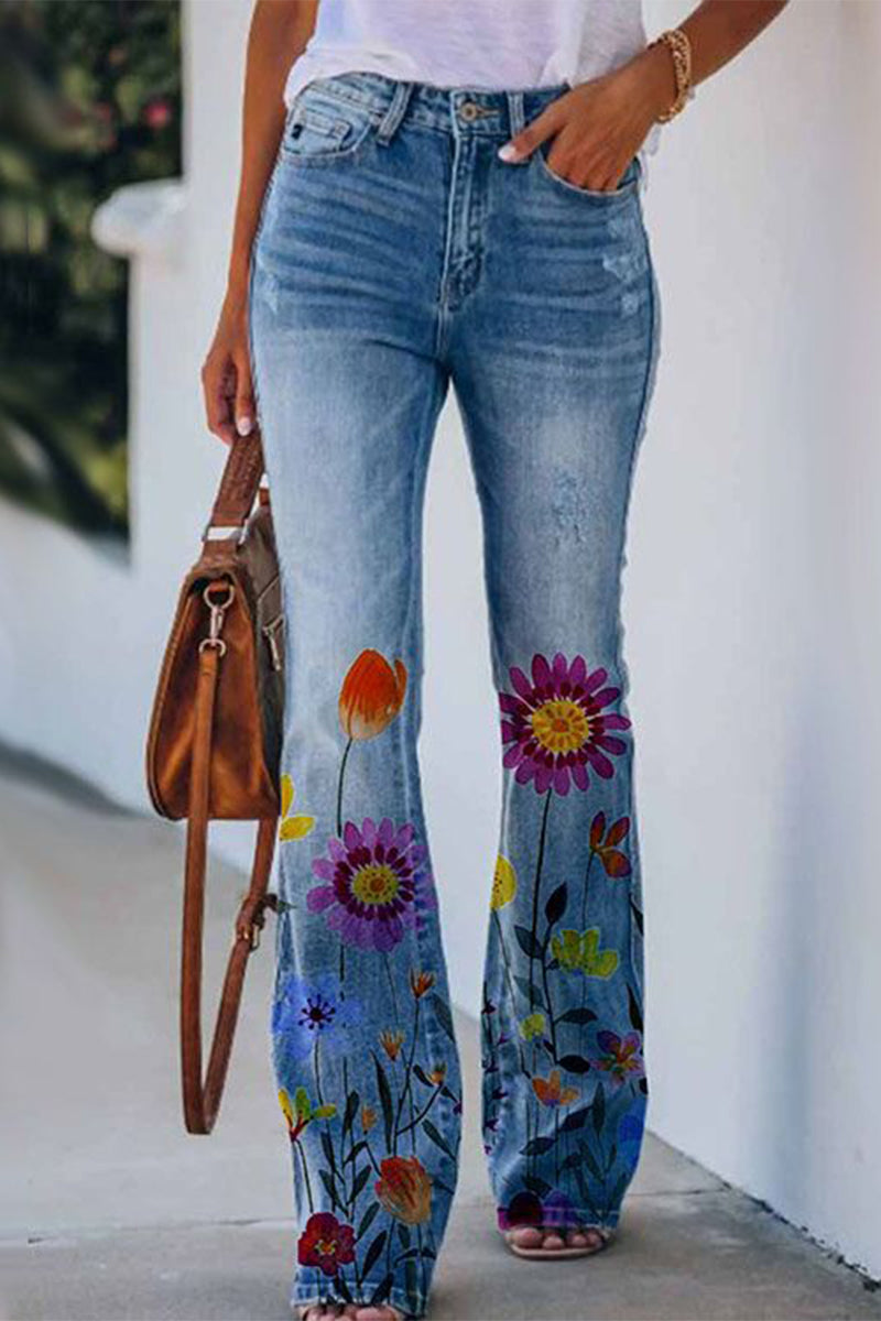 Women's casual floral pocket regular denim jeans