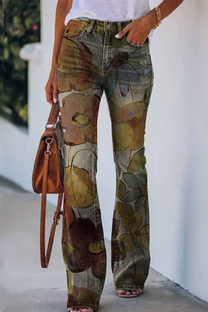 Women's casual floral pocket regular denim jeans