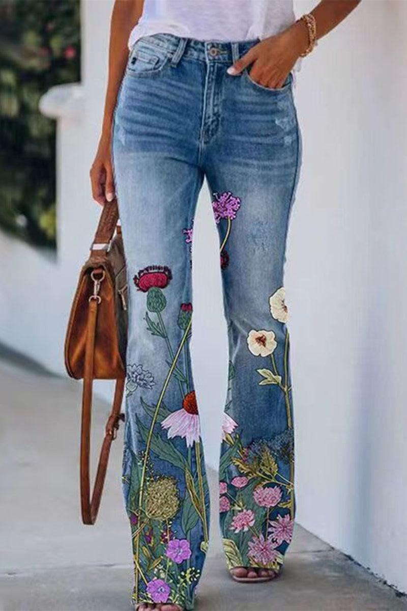 Women's casual floral pocket regular denim jeans