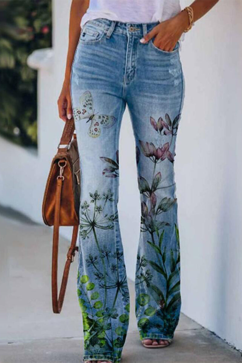Women's casual floral pocket regular denim jeans