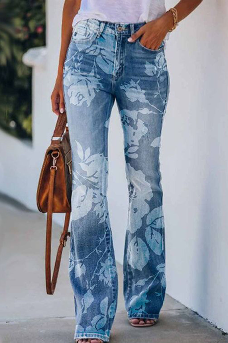 Women's casual floral pocket regular denim jeans