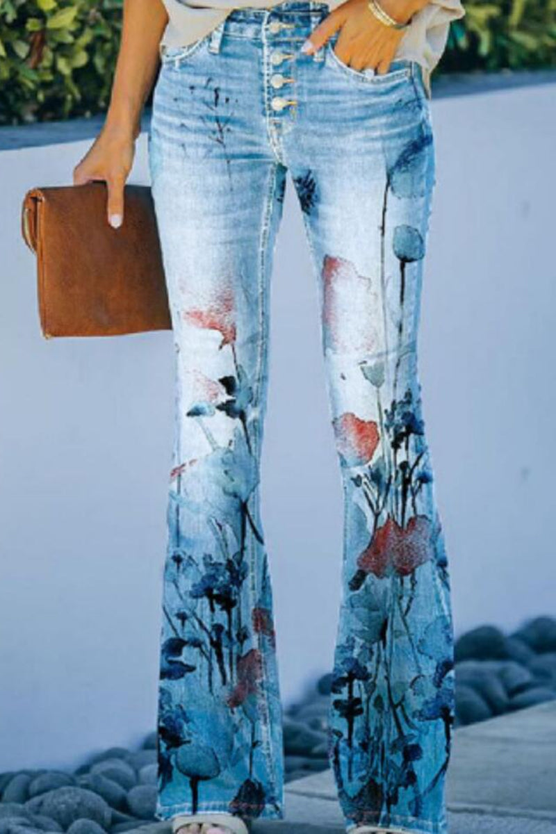 Women's casual floral pocket regular denim jeans