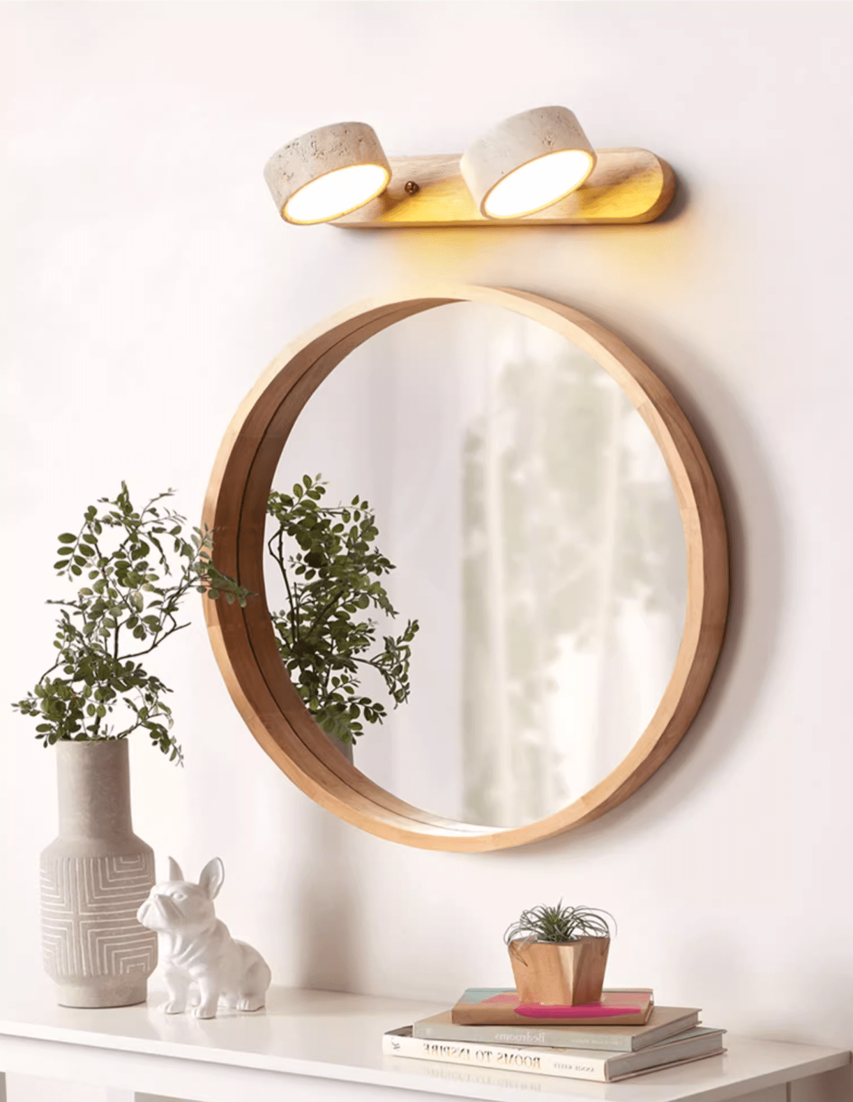 Travertine Duo Wall Light With Wood Accents Warm Glow NALANI