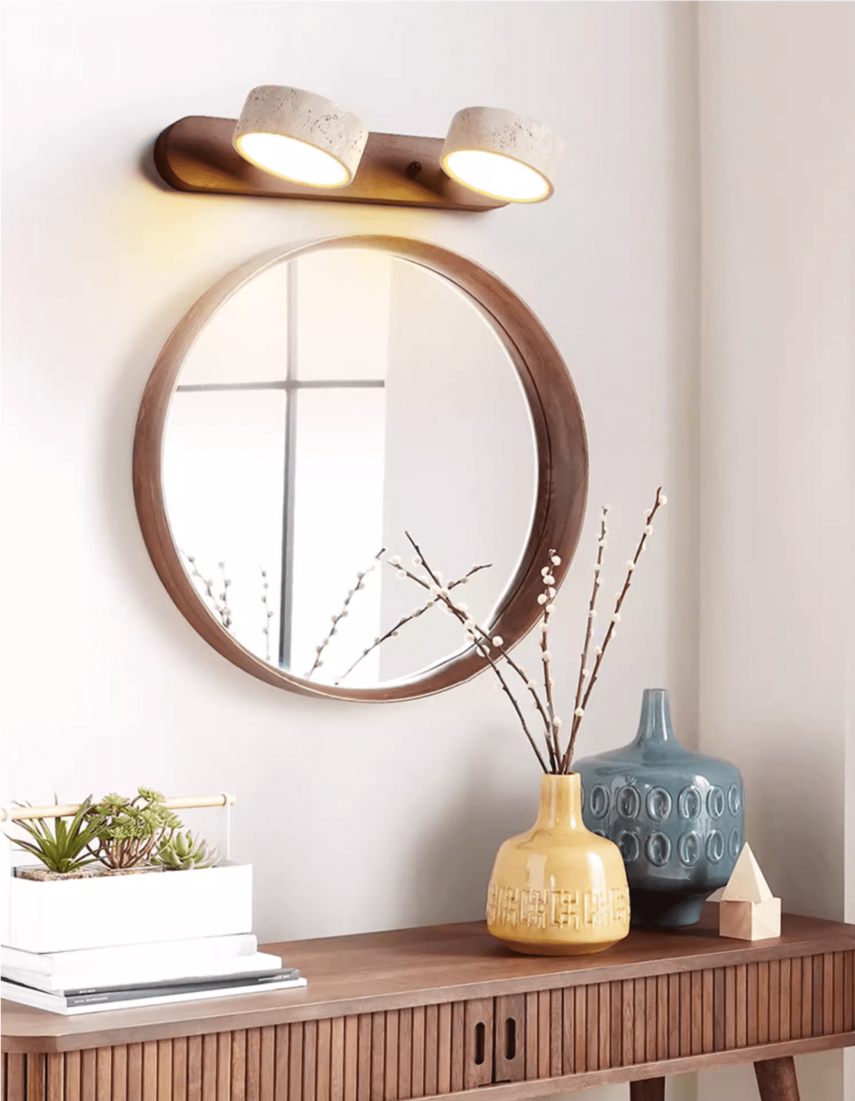 Travertine Duo Wall Light With Wood Accents Warm Glow NALANI