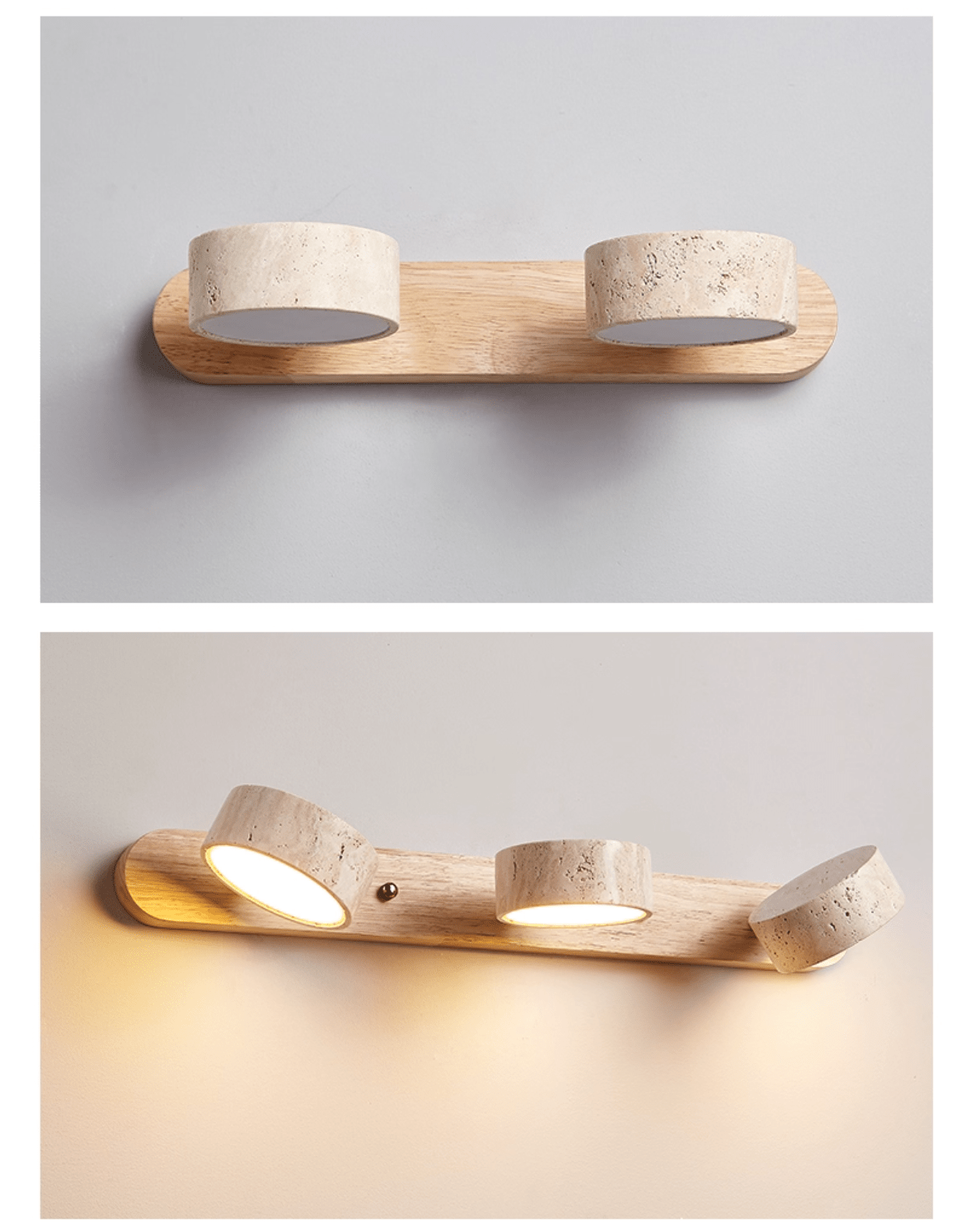Travertine Duo Wall Light With Wood Accents Warm Glow NALANI