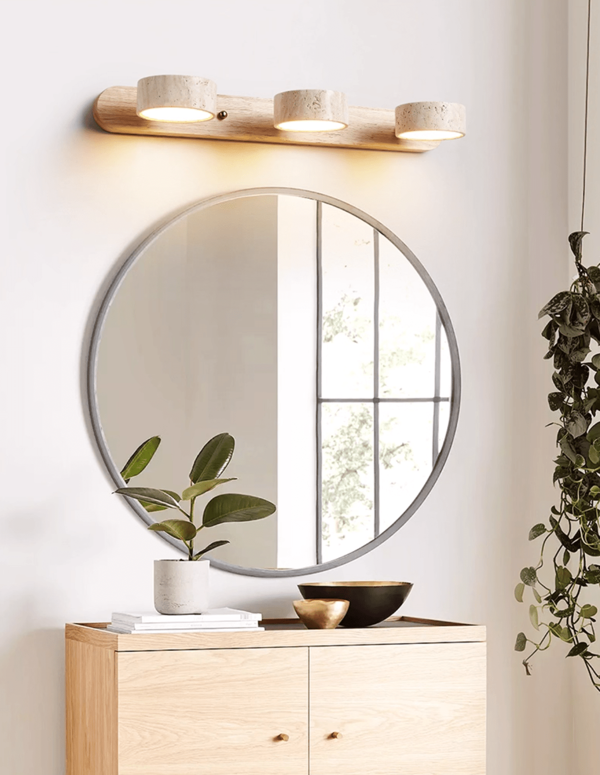 Travertine Duo Wall Light With Wood Accents Warm Glow NALANI