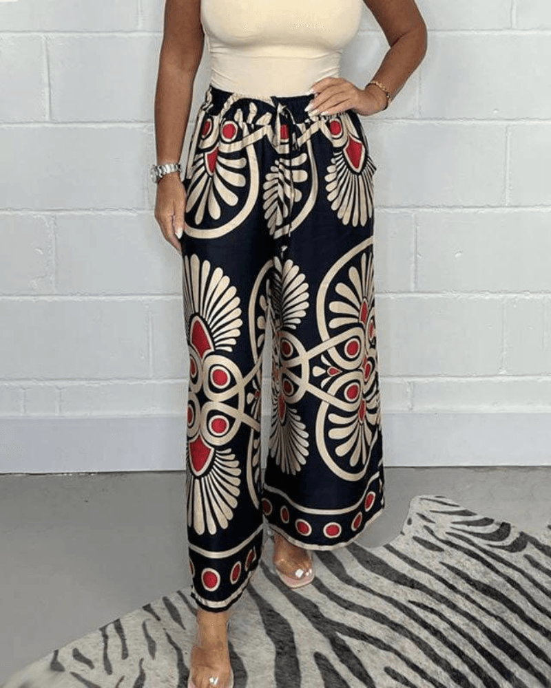Caleni | Women's Wide-Leg Palazzo Trousers - High Waist - Elastic Drawstring - Flowing Fit