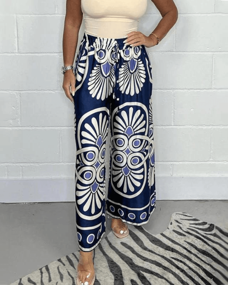 Caleni | Women's Wide-Leg Palazzo Trousers - High Waist - Elastic Drawstring - Flowing Fit