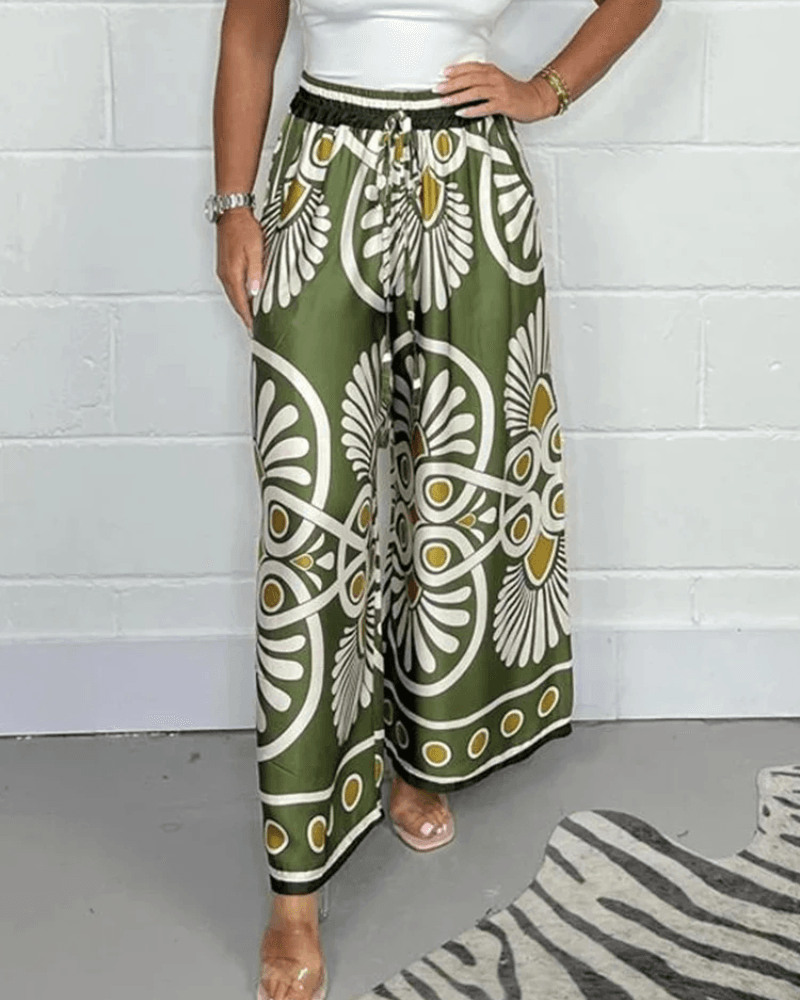 Caleni | Women's Wide-Leg Palazzo Trousers - High Waist - Elastic Drawstring - Flowing Fit