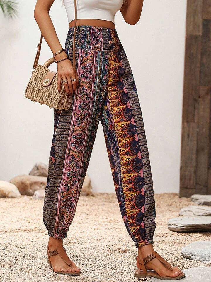 Ovara | Women's Harem Trousers - Bohemian Elephant Print - Loose Fit - Elastic Waist & Cuffs