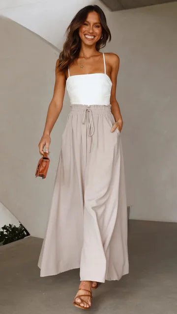Nalani | Women's Palazzo Trousers - High Waist - Wide Leg - Elastic Drawstring - Full Length