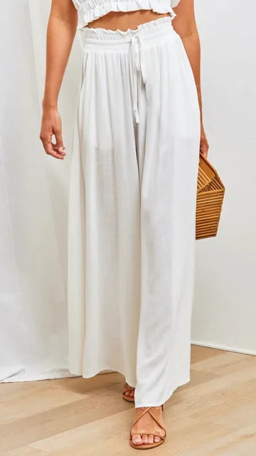 Nalani | Women's Palazzo Trousers - High Waist - Wide Leg - Elastic Drawstring - Full Length