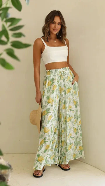 Nalani | Women's Palazzo Trousers - High Waist - Wide Leg - Elastic Drawstring - Full Length