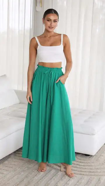 Nalani | Women's Palazzo Trousers - High Waist - Wide Leg - Elastic Drawstring - Full Length