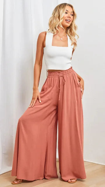 Nalani | Women's Palazzo Trousers - High Waist - Wide Leg - Elastic Drawstring - Full Length