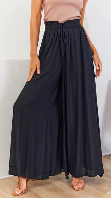 Nalani | Women's Palazzo Trousers - High Waist - Wide Leg - Elastic Drawstring - Full Length