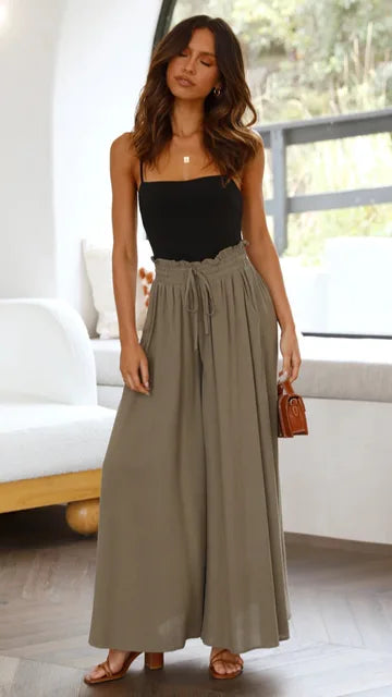 Nalani | Women's Palazzo Trousers - High Waist - Wide Leg - Elastic Drawstring - Full Length