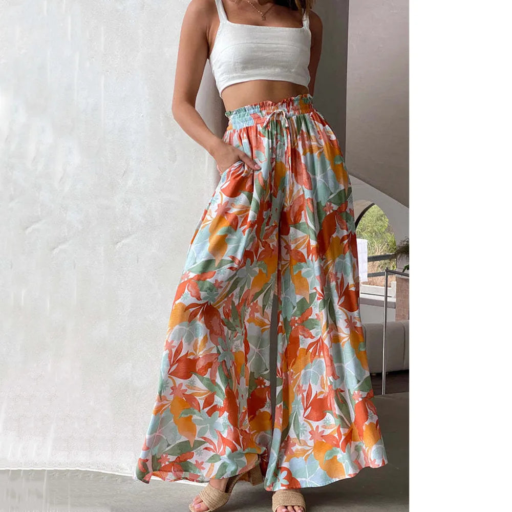 Nalani | Women's Palazzo Trousers - High Waist - Wide Leg - Elastic Drawstring - Full Length
