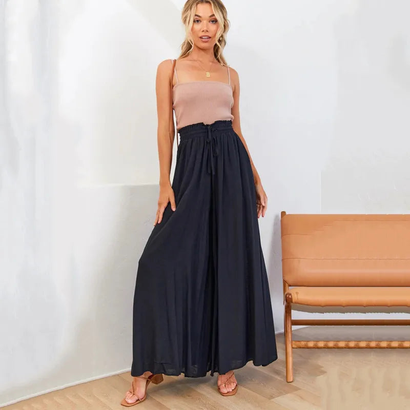 Nalani | Women's Palazzo Trousers - High Waist - Wide Leg - Elastic Drawstring - Full Length