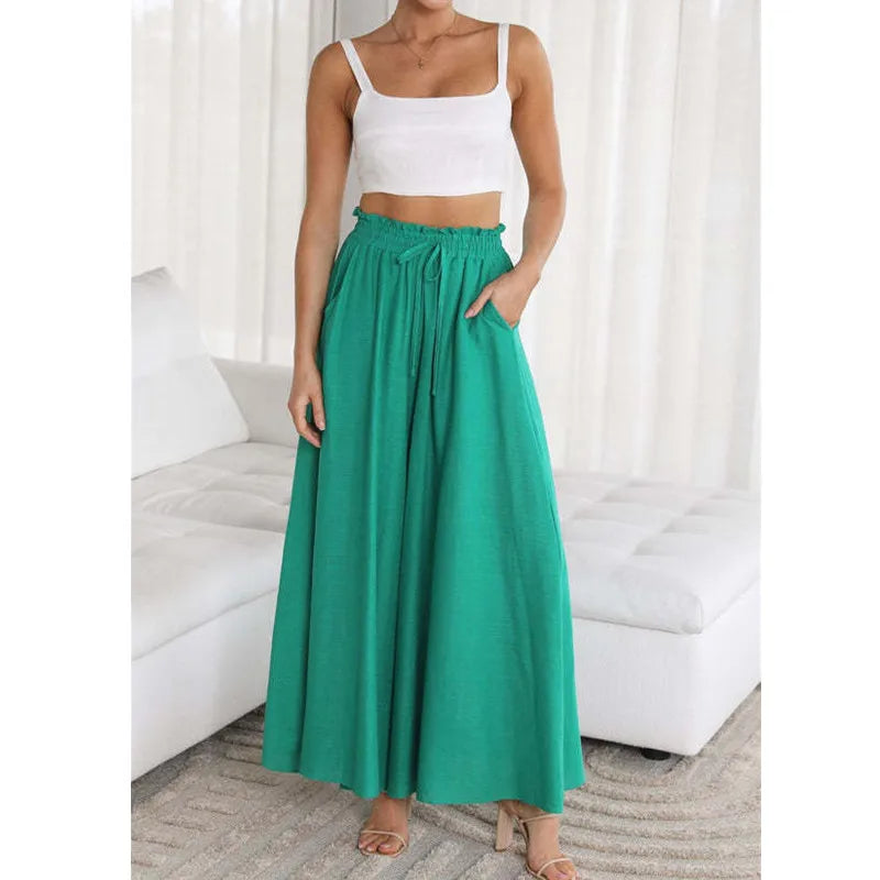 Nalani | Women's Palazzo Trousers - High Waist - Wide Leg - Elastic Drawstring - Full Length