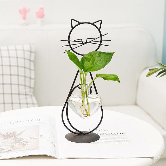 Iron Kitty Cat Propagation Station with Glass Heart Vase 1st Standing Cat NaLani