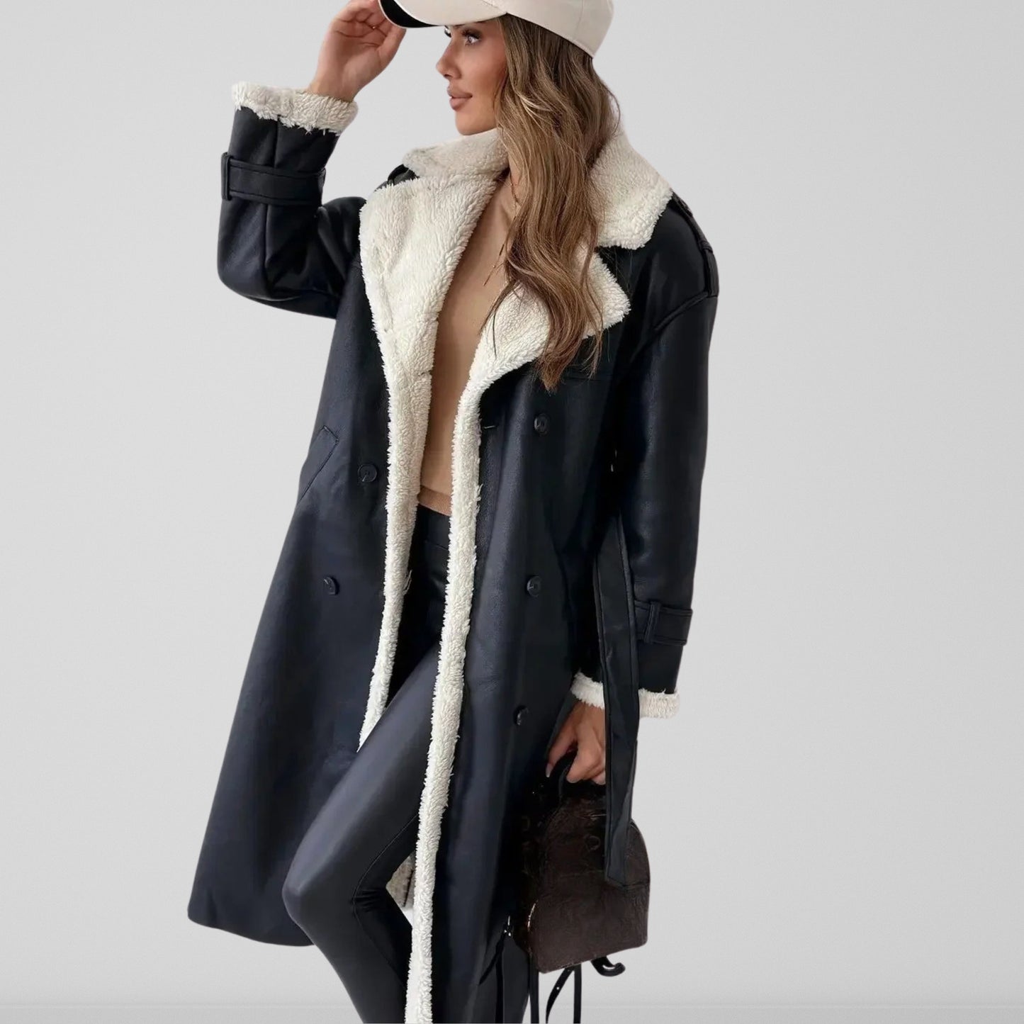 Serado Women’s Full Length Coat – Oversized Fit – Shearling Lined – Double Breasted – Belted