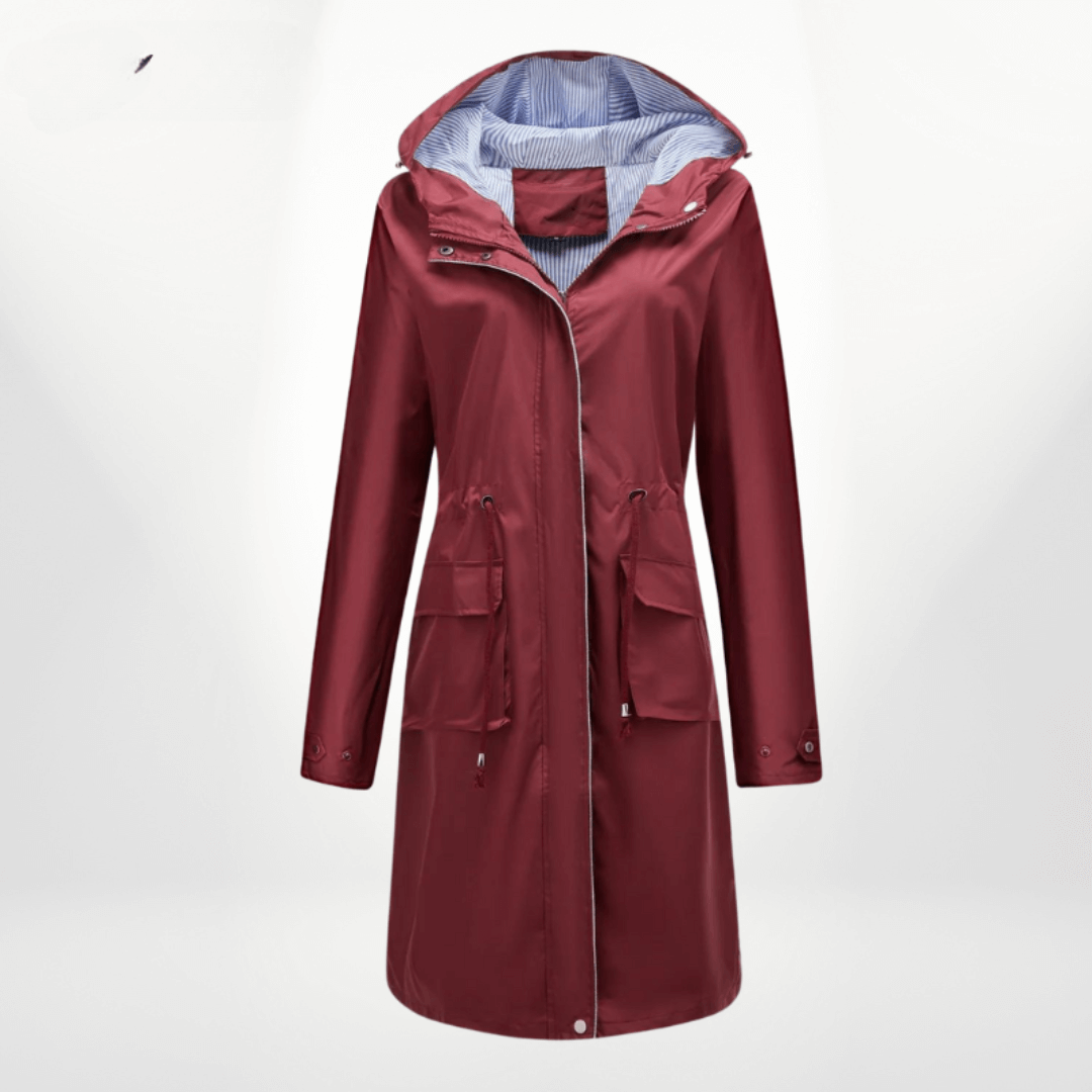 Nalani Women’s Trench Coat – Waterproof Over-Knee – Hooded – Adjustable Waist – Flap Pockets