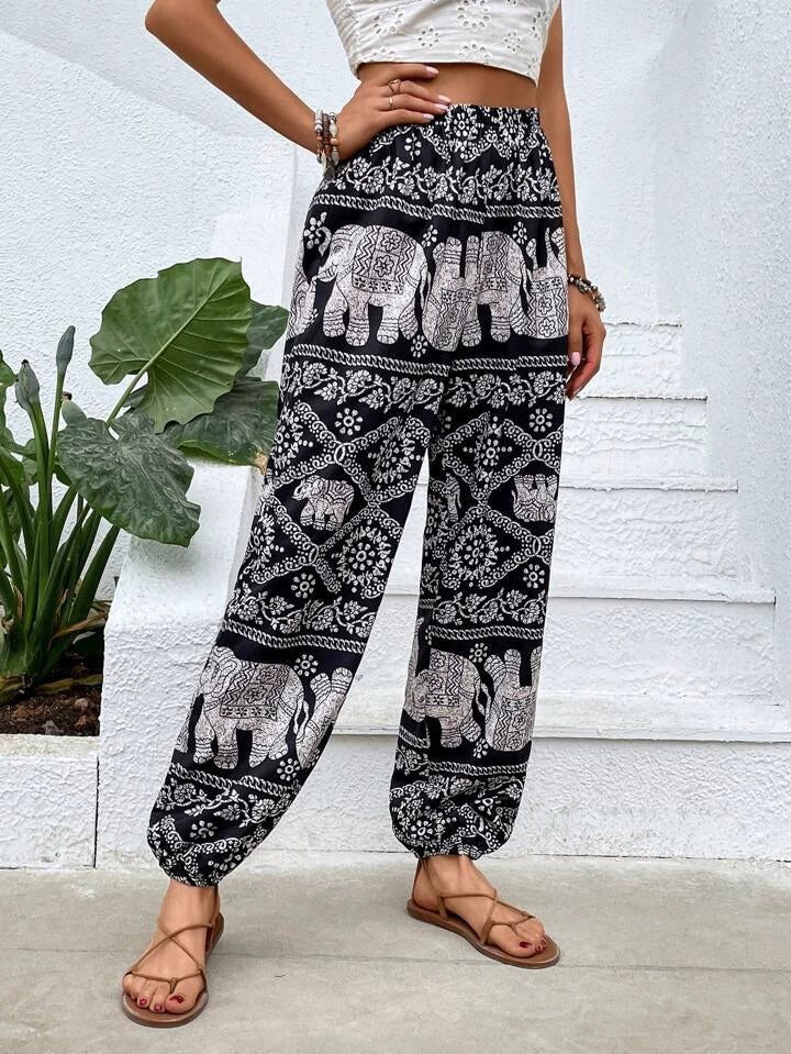 Ovara | Women's Harem Trousers - Bohemian Elephant Print - Loose Fit - Elastic Waist & Cuffs