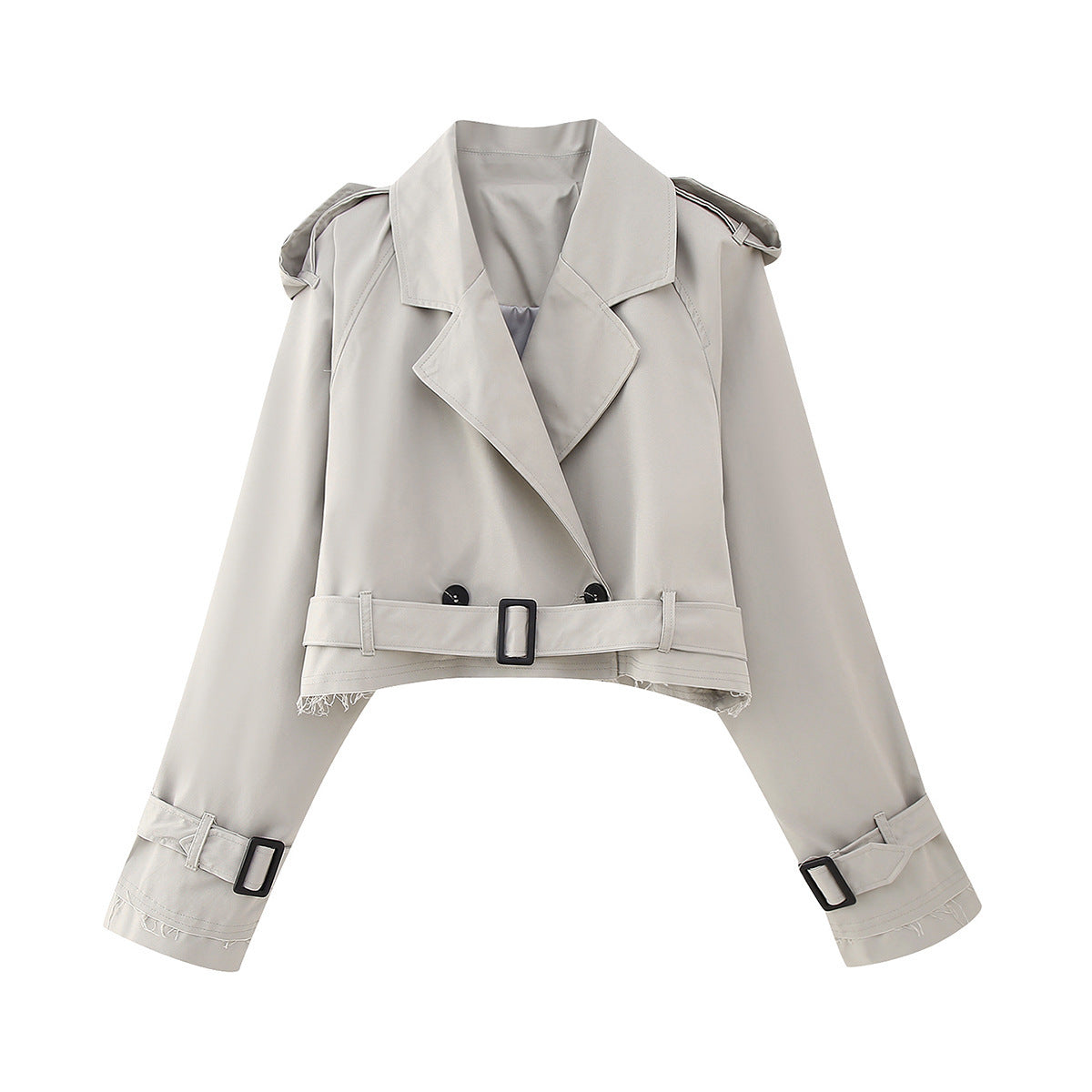 Women’s Short Cropped Trench Coat – Relaxed Fit – Double-Breasted – Belted Cuffs – Boxy Silhouette