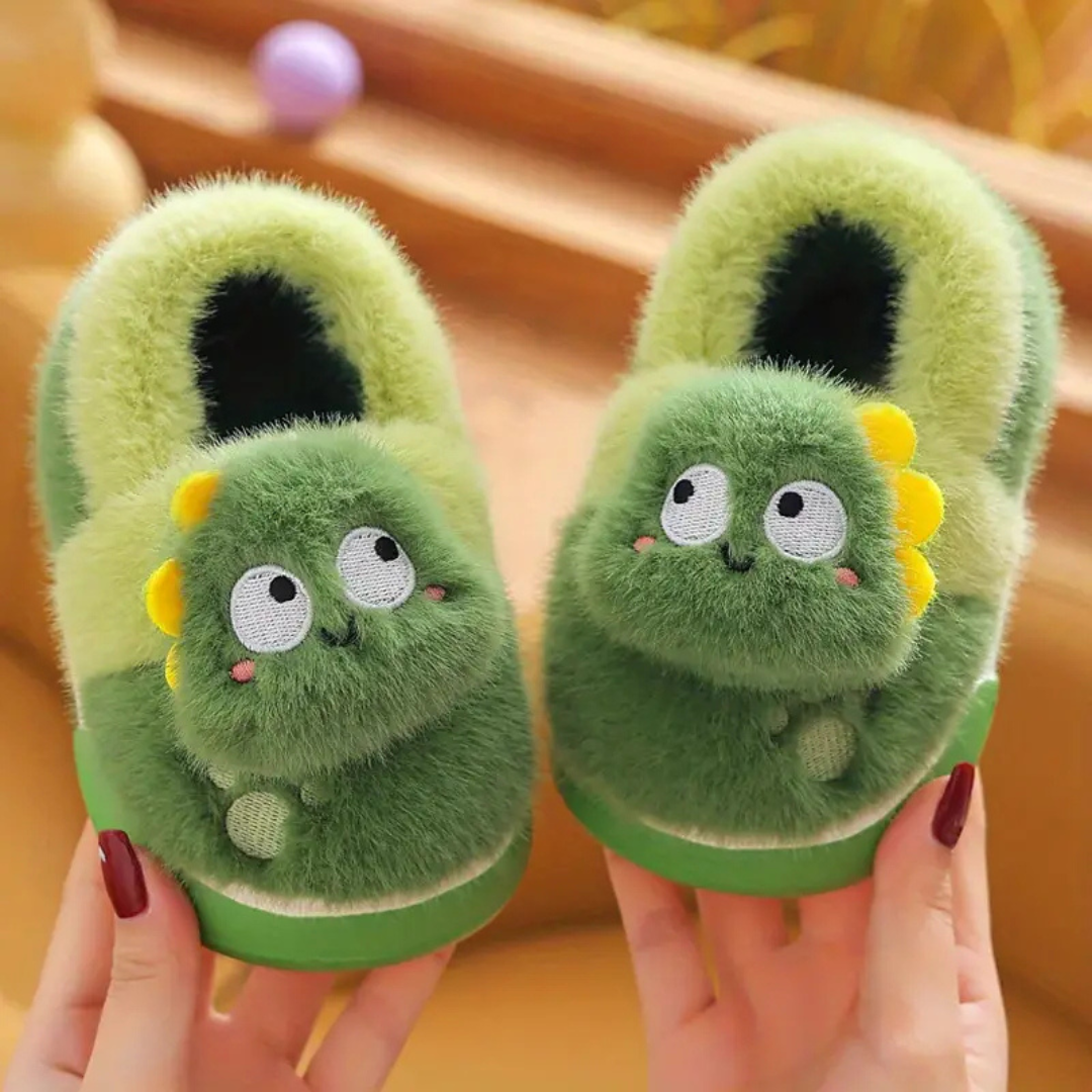 Cute Green Warm Plush Lined Dinosaur Slippers For Kids NALANI