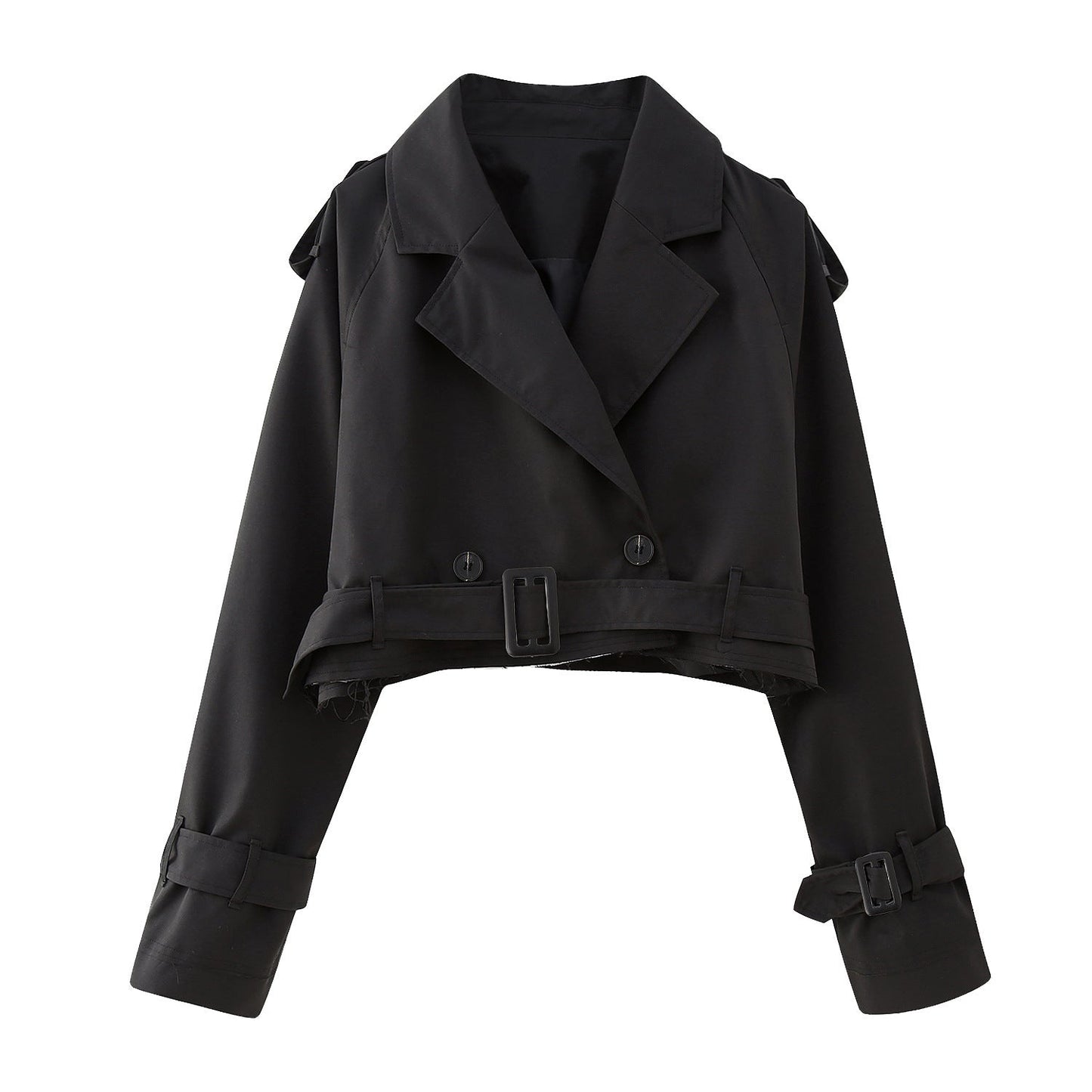 Women’s Short Cropped Trench Coat – Relaxed Fit – Double-Breasted – Belted Cuffs – Boxy Silhouette