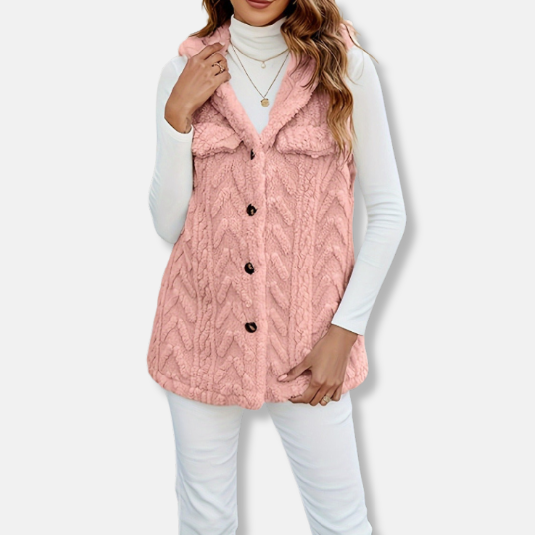 Women Hooded Vest Fuzzy Knit With Button Front And Chest Pockets