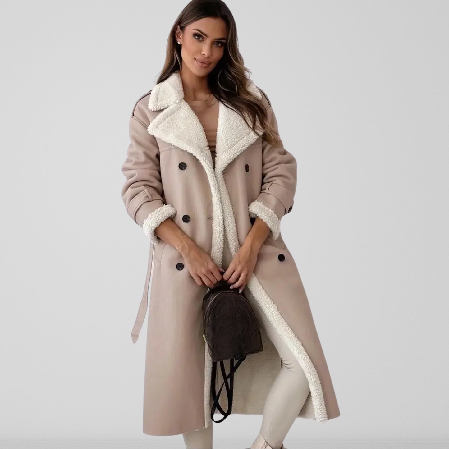 Serado Women’s Full Length Coat – Oversized Fit – Shearling Lined – Double Breasted – Belted