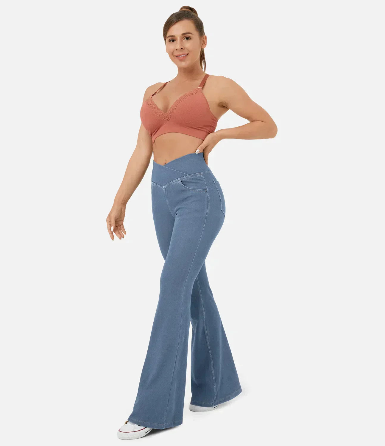 Women's elasticated Wide leg flared jeans with high waist
