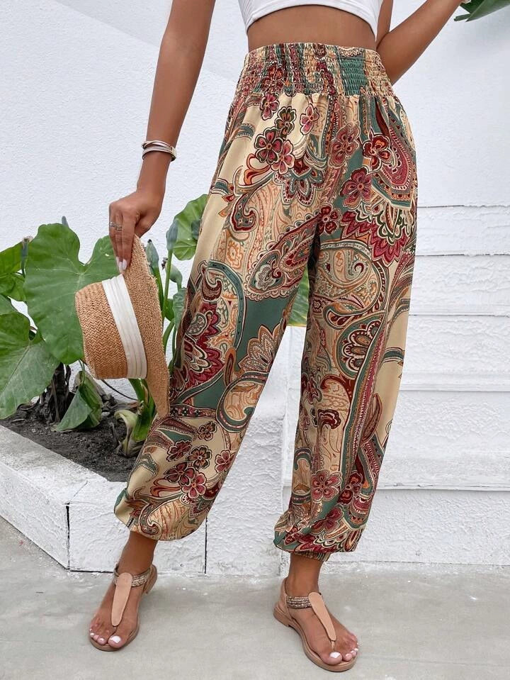Ovara | Women's Harem Trousers - Bohemian Elephant Print - Loose Fit - Elastic Waist & Cuffs