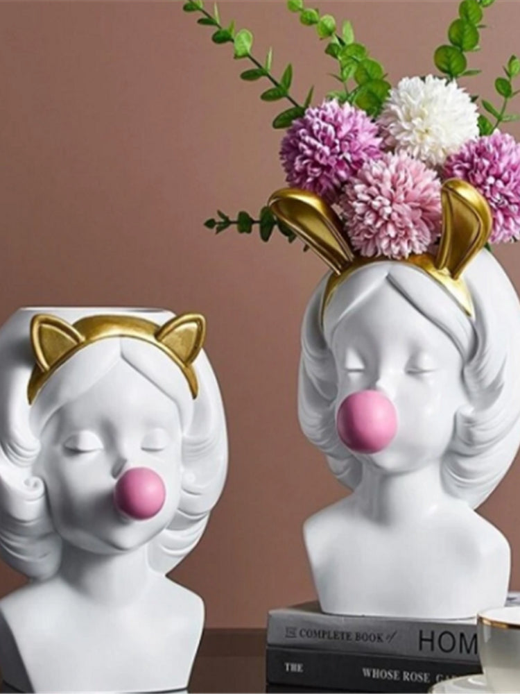 Cute Bubblegum Girl Ceramic Face Vase for Whimsical Home Decor NALANI