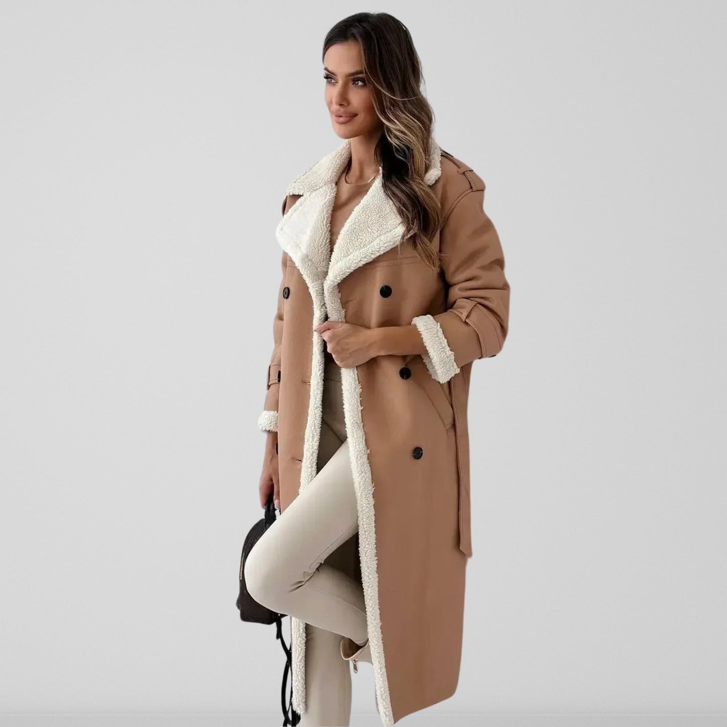 Serado Women’s Full Length Coat – Oversized Fit – Shearling Lined – Double Breasted – Belted
