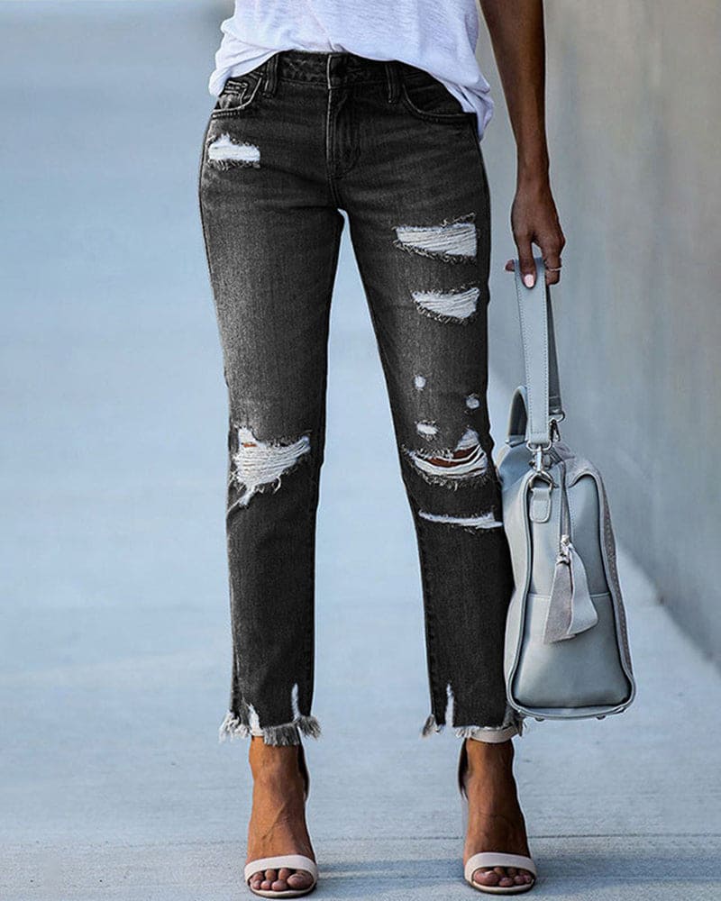 Celeni | Women's casual ripped denim pants Jeans
