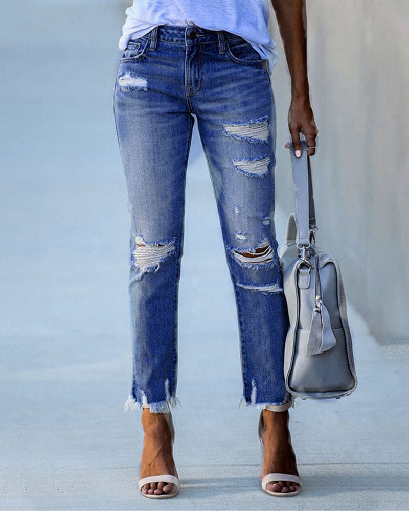 Celeni | Women's casual ripped denim pants Jeans