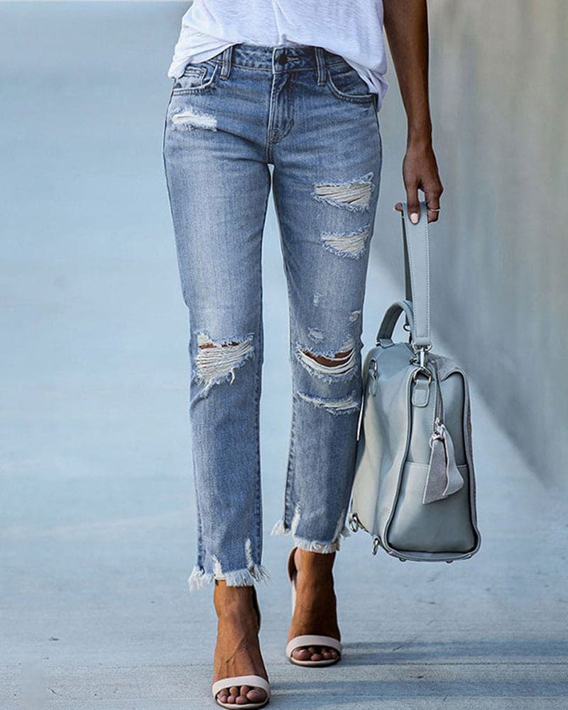 Celeni | Women's casual ripped denim pants Jeans
