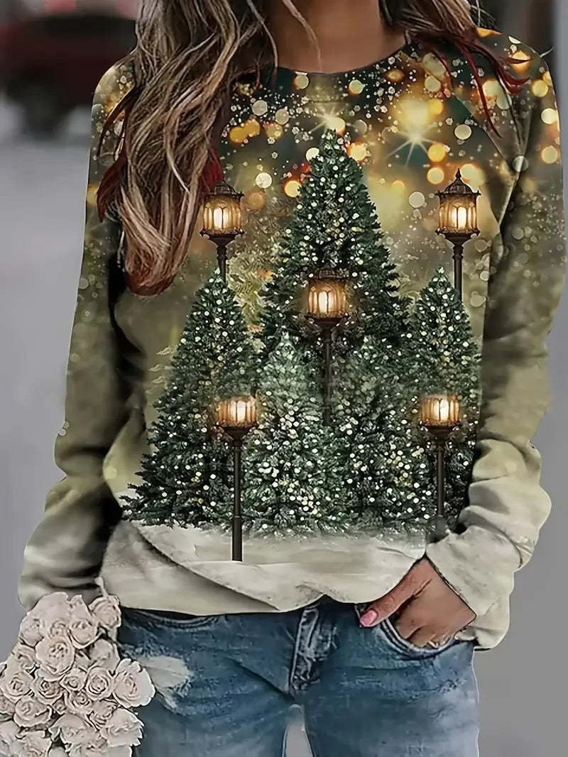Womens Christmas Tree Print Sweater Festive Holiday Knit-Sweaters & Truien-Calora-Green-S-NaLani