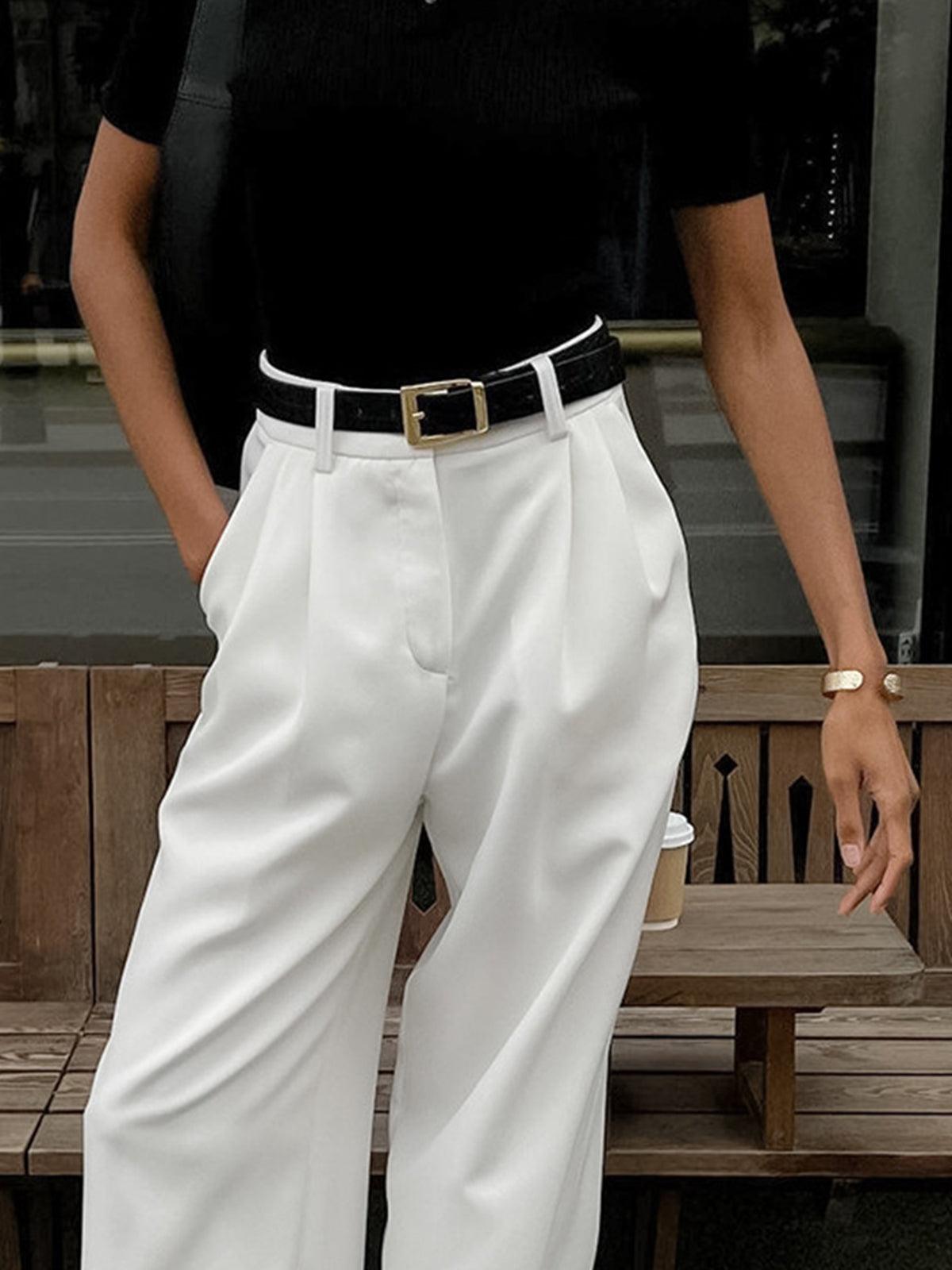 Caleni | Women’s Wide-Leg Trousers - High Waisted - Pleated Front - Tailored Fit Elegant Style