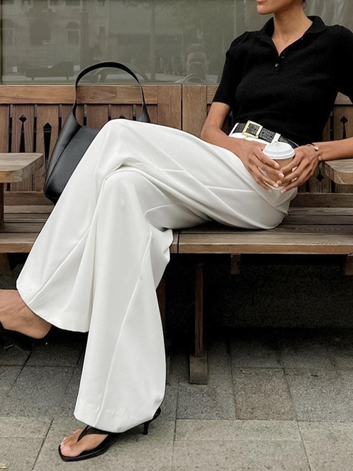 Caleni | Women’s Wide-Leg Trousers - High Waisted - Pleated Front - Tailored Fit Elegant Style