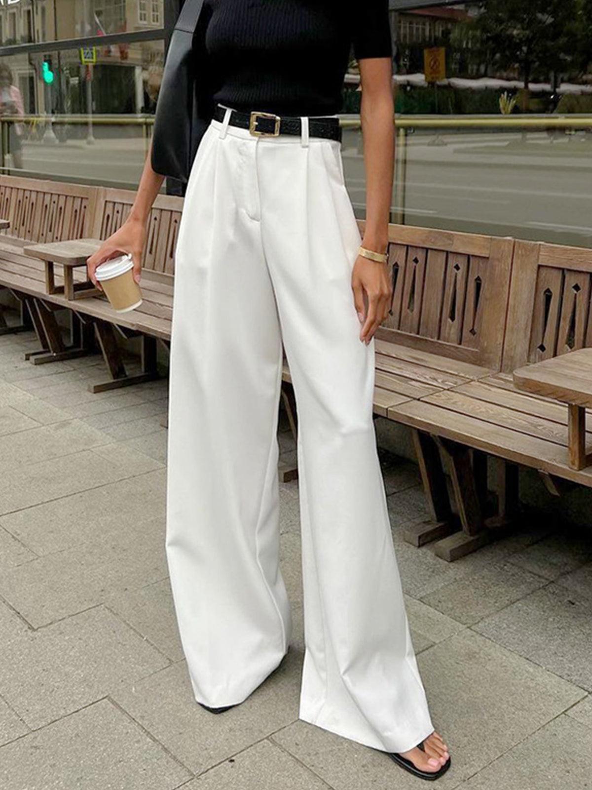 Caleni | Women’s Wide-Leg Trousers - High Waisted - Pleated Front - Tailored Fit Elegant Style